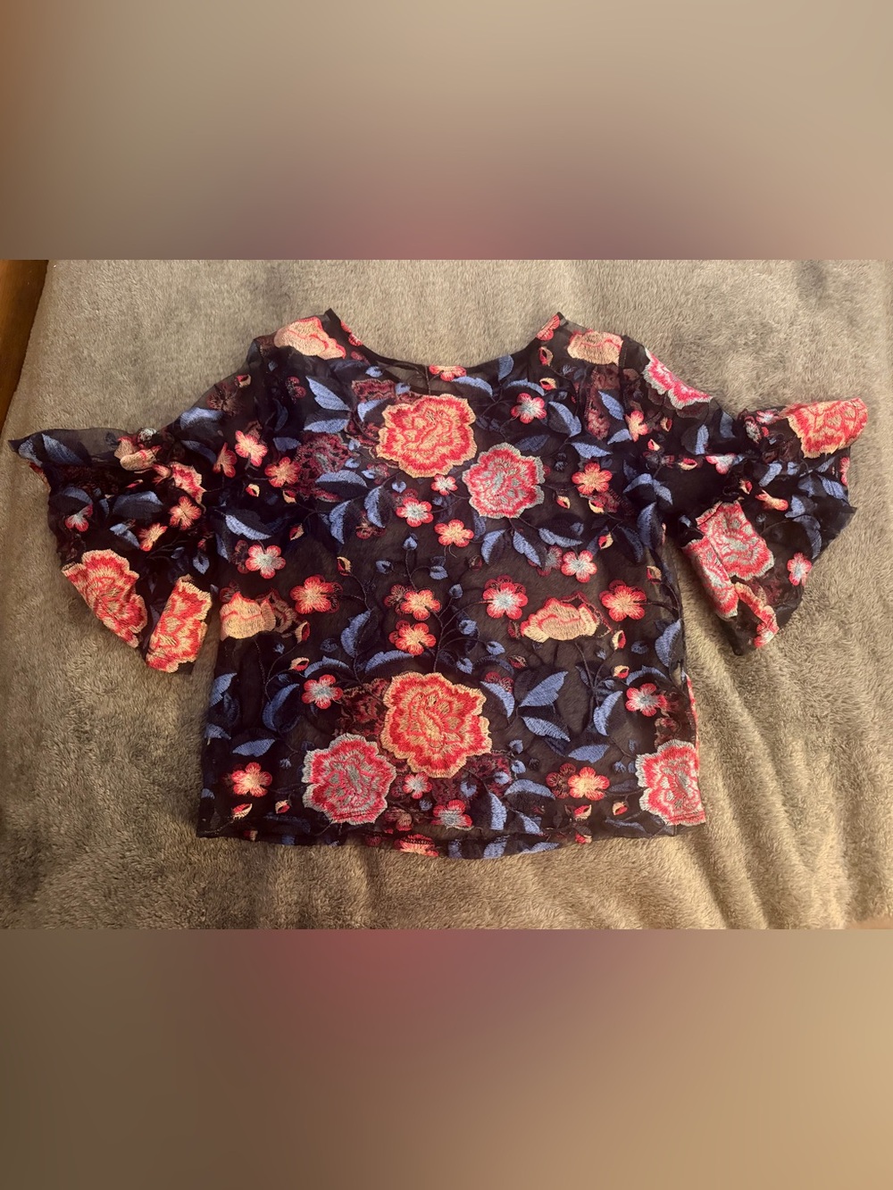 Zara Black Sheer Top with Floral Embroidery EUC